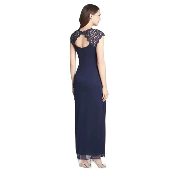 NWT Alex Evenings Draped Evening Dress in Navy w/ Metallic Lace Cut-Out Size 6 - Picture 2 of 10
